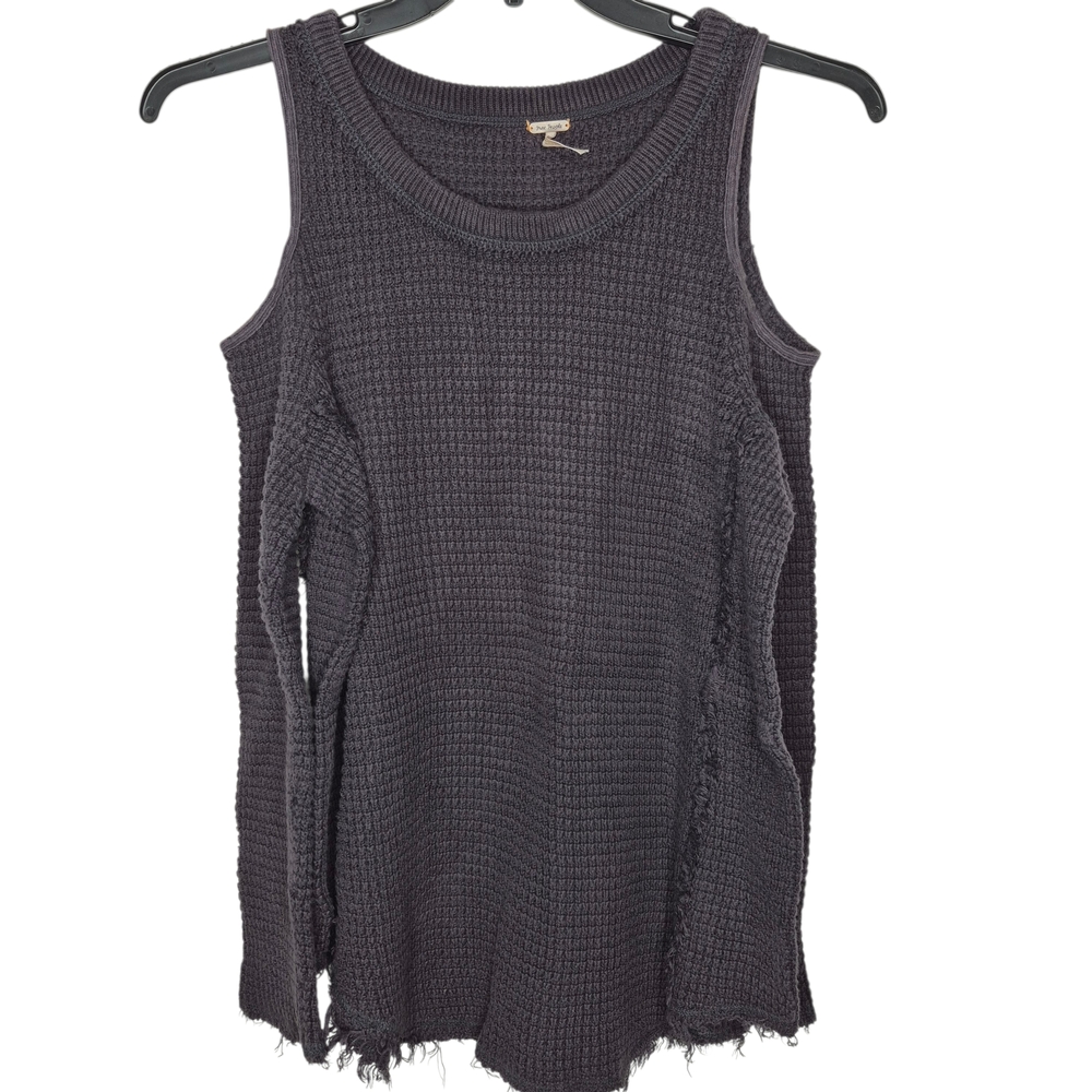 Free People Distressed Cold Shoulder Waffle Knit Sweater Size Small